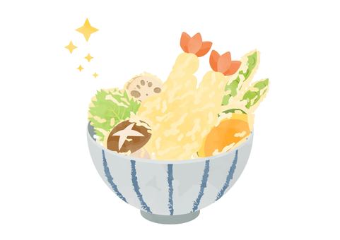 おいしそうな天丼のイラスト 天丼,食べ物,かわいい,シンプル,えび天,シイタケ,キノコ,大葉,カボチャ,野菜のイラスト素材