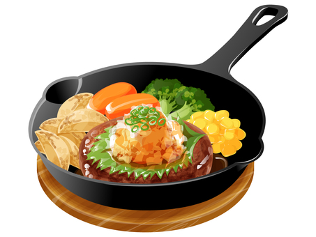 和風おろしハンバーグ(スキレット) 和風おろしハンバーグ(スキレット) ハンバーグ,洋食,料理,食べ物,和風,大根おろし,コーン,ブロッコリー,レタス,ミニトマトのイラスト素材