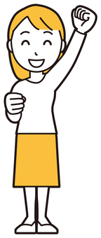  ロングヘア女性(黄)-141-全身 ガッツポーズ,女性,女の子,人物,かわいい,応援,喜ぶ,笑顔,表情,感情のイラスト素材