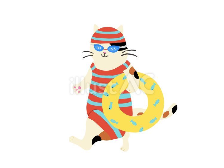 夏猫　泳ぎに行く 猫,三毛猫,夏のイラスト素材