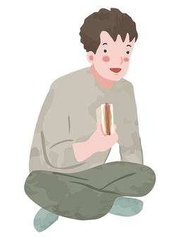 サンドイッチを食べる男性 サンドイッチ,食べる,食事,男性,座る,若者,人物,食べ物,パン,おやつのイラスト素材