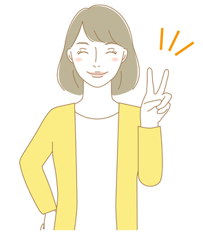 ピースする女性（２） 女性,人物,ピース,笑顔,ラッキー,vサイン,カーディガン,大人,主婦,お母さんのイラスト素材