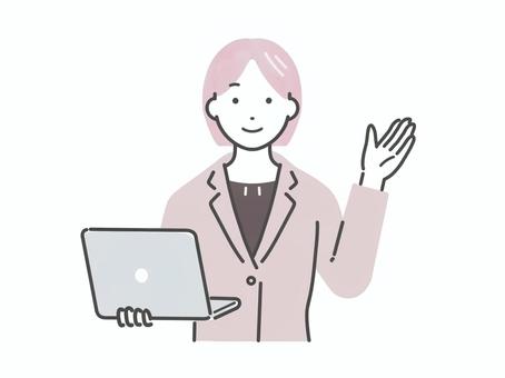 パソコンを持って案内するスーツの女性 女性,人物,若い,大人,スーツ,会社員,スタッフ,パソコン,ノートパソコン,説明のイラスト素材