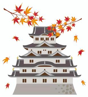 秋の日本の城_25 紅葉,秋,城,9月,10月,11月,アイコン,イラスト,シンプル,もみじのイラスト素材