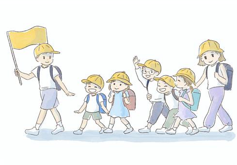 集団登校　暑い日 集団登校,登校,通学,小学校,分団,班,学年,低学年,中学年,高学年のイラスト素材