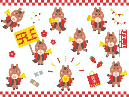 セールの呼び込みをする法被を着た馬セット 馬,セール,メガホン,初売り,法被,看板,のぼり,ポーズ,ウマ,店員のイラスト素材
