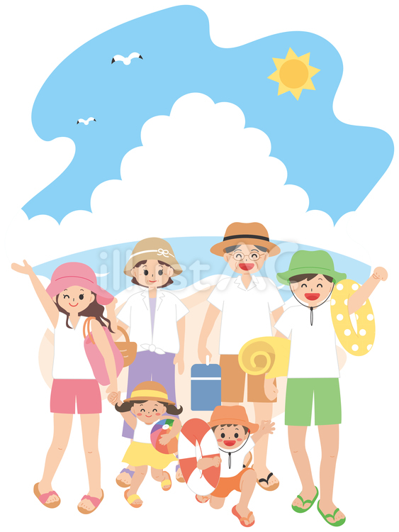 海を楽しむ6人家族 家族,三世代家族,全身のイラスト素材