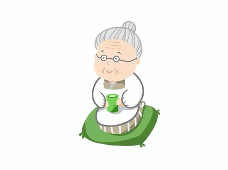 座布団でくつろいでいるお婆ちゃん(祖母) お婆さん,婆さん,着物,お茶,手描き,老人,座布団,優しそう,穏やかそう,落ち着いたのイラスト素材