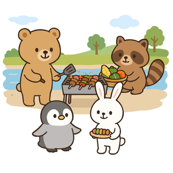 かわいい動物たちのBBQ2 bbq,可愛い,夏,アウトドア,レジャー,キャンプ,屋外,食事,楽しい,串焼きのイラスト素材