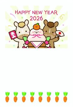 馬と鏡餅の2026年午年の年賀状、白 年賀状,馬,午,午年,正月,フレーム,お正月,飾り枠,鏡餅,縁起物のイラスト素材