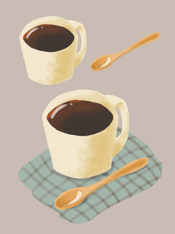 マグカップとスプーン マグカップとスプーン マグカップ,スプーン,木製,陶器,カフェ,モーニング,コーヒー,くすみカラー,ナチュラル,キッチン雑貨のイラスト素材