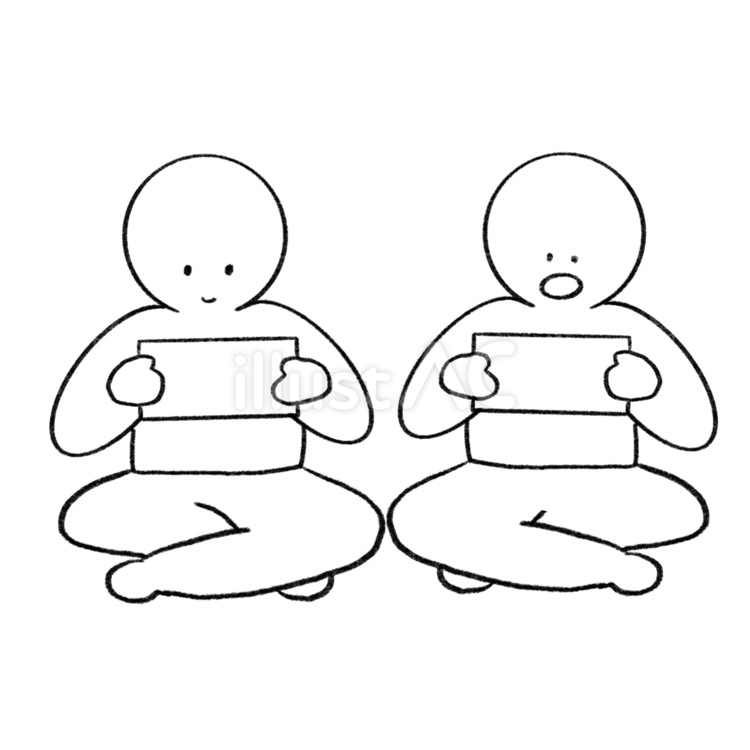 座ってゲームをする2人　棒人間　線画 友達,2人,複数のイラスト素材