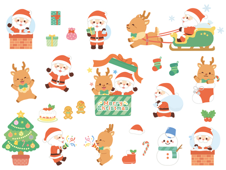 サンタとトナカイの楽しいクリスマスセット クリスマス,12月,冬,プレゼント,サンタクロース,トナカイ,雪だるま,クリスマスツリー,ケーキ,靴下のイラスト素材