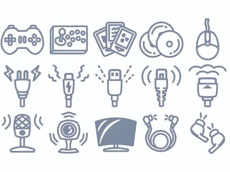 ゲーム周辺機器と配信機材アイコン　線のみ ゲーム,ゲーム実況,動画配信,コントローラー,ソフト,マウス,ケーブル,コンセント,usb,typecのイラスト素材