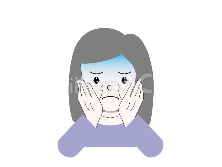 青ざめて頬に手をあてるグレイヘアの女性 女性,高齢者,老人のイラスト素材