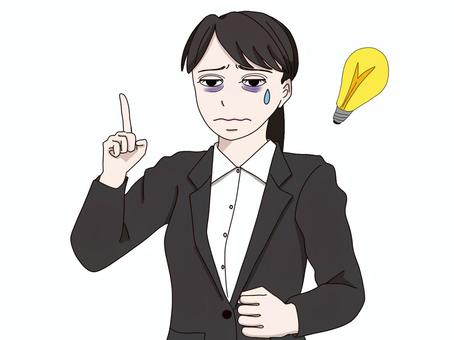 疲れ顔　指差しするスーツ姿の女性 疲れ顔,指差し,電球,スーツ,女性,会社員,ビジネスウーマン,仕事,疲れた,寝不足のイラスト素材