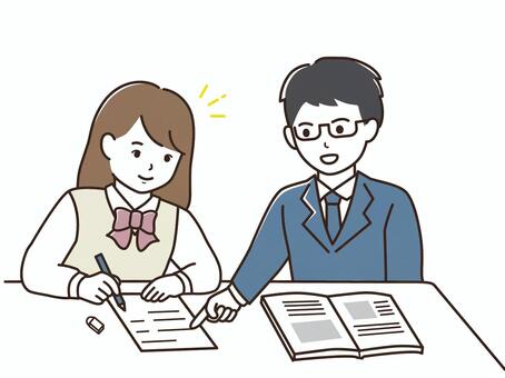 勉強を教える先生と女子学生 男性,講師,先生,メガネ,眼鏡,教師,塾講師,学習塾,塾,個別指導のイラスト素材