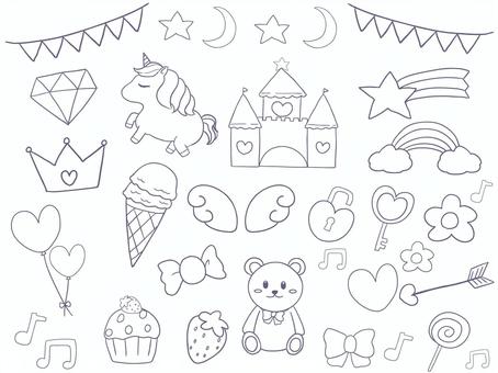 メルヘンセット（線画） メルヘン,かわいい,ゆめかわ,ファンタジー,幻想,幻想動物,ユニコーン,お城,星,月のイラスト素材
