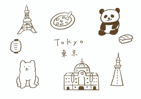 東京ゆる手描きイラスト集 線画 東京,tokyo,手描き,イラスト,ゆるい,かわいい,観光,旅行,パンダ,犬のイラスト素材