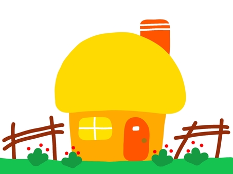 だれかのおうち　黄色 家,建物,メルヘン,煙突,かわいい,野原,マイホーム,柵,草,黄色のイラスト素材