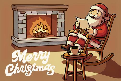クリスマスのポストカード-12 サンタクロース,サンタ,手紙,ロッキングチェア,安楽椅子,笑顔,暖炉,珈琲,コーヒー,丸椅子のイラスト素材