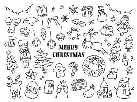 クリスマス　手書き線画イラストセット クリスマス,冬,サンタ,トナカイ,ツリー,線画,天使,プレゼント,リース,星のイラスト素材
