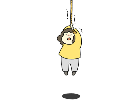 ロープにぶら下がる人 ロープ,紐,ぶら下がる,耐える,持久力,しがみつく,苦しい,命綱,ゆるい,かわいいのイラスト素材
