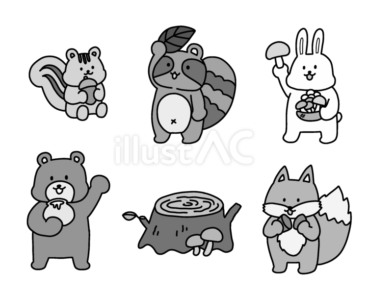 秋の森の動物さんと切り株セット（グレー） 動物,秋,切り株のイラスト素材