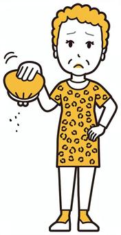  大阪のおばちゃん(黄)-155-全身 金欠,おばちゃん,大阪,ヒョウ柄,おばはん,中年,女性,関西,派手,おばさんのイラスト素材