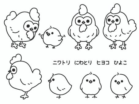 ニワトリとヒヨコ　線画　 ニワトリ,ヒヨコ,デフォルメ,シンプル,線画,ぬりえのイラスト素材