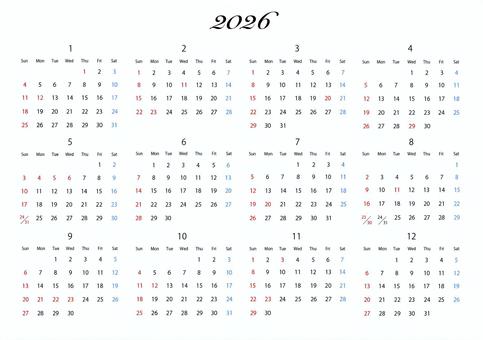 シンプルな2026年の年間カレンダー  年間,カレンダー,2026年,シンプル,かわいいのイラスト素材