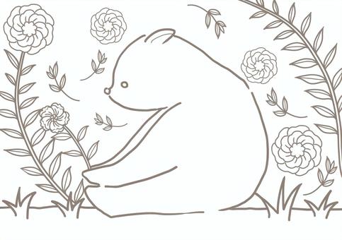 花とクマの塗り絵 クマ,花,ぬりえ,動物,かわいい,シンプル,キュート,ほのぼの,ほっこりのイラスト素材