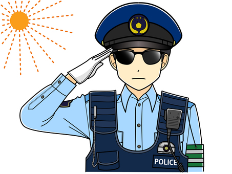 サングラスをかけている夏服の男性警察官 男性,警察官,夏服,サングラス,制服,制帽,防刃ベスト,無線機,腕章,白手袋のイラスト素材
