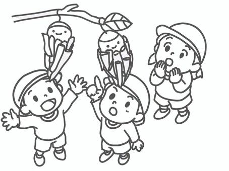 あれはなんだ！　みのむしだ！ 幼児,自然遊び,ミノムシ,笑顔,モノクロのイラスト素材