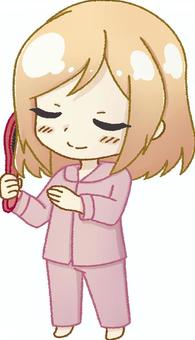 髪をとかす女の子 女の子,髪をとかす,ヘアブラシ,ヘアケア,身だしなみ,パジャマ,寝起き,就寝前,朝,夜のイラスト素材