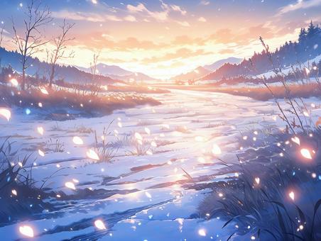 雪の舞い降る黄昏時の幻想的な雪原_背景画