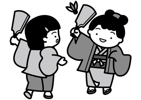 羽根つき-2c 羽根つき,正月,遊び,羽子板,羽根,着物,羽織,草履,足袋,帯のイラスト素材