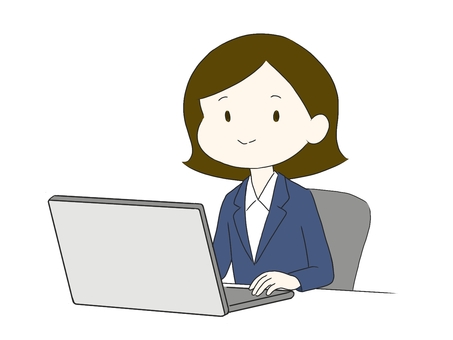 パソコンで作業している会社員の女性 パソコン,仕事,作業,スーツ,女性,紺色,タイピング,オフィス,デスク,事務のイラスト素材