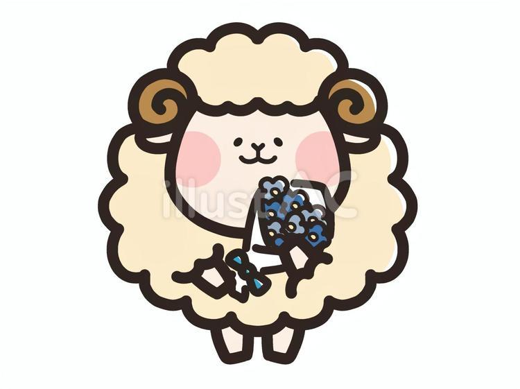 寒色系の花束を持つひつじ ひつじ,羊,キャラクターのイラスト素材