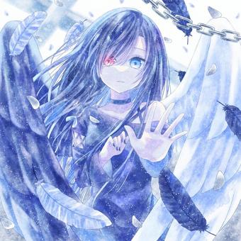 女の子 人物,女の子,キャラクター,水彩,青,水色,オッドアイ,羽,一枚絵,かわいいのイラスト素材