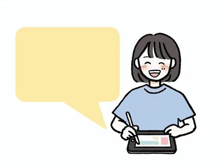 笑顔でタブレット学習する女の子と吹き出し 子ども,タブレット,笑顔,吹き出し,ふきだし,学習,操作,端末,授業,タブレット学習のイラスト素材