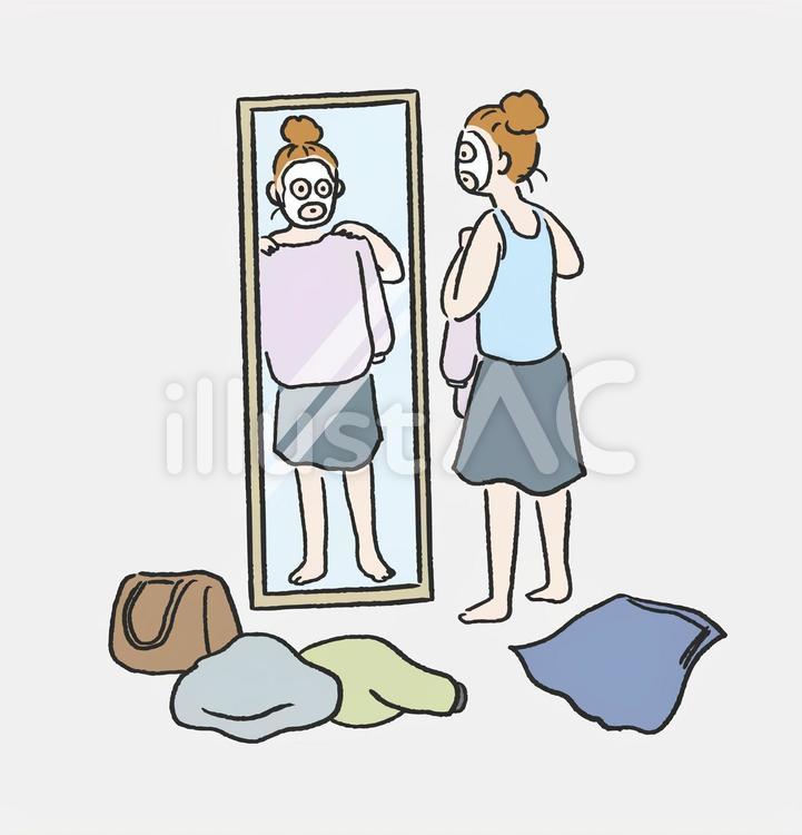 服何着て行くか迷っている女性 試着,洋服,服のイラスト素材