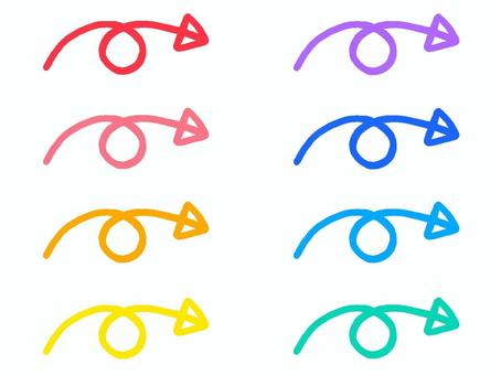 くるりん一筆書き矢印 手書き色違いセット 矢印,一筆書き,くるりん,しっぽ,くるくる,赤,ピンク,オレンジ,黄色,紫のイラスト素材