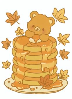 かわいいクマとメープルパンケーキタワー 熊,動物,かわいい,キャラクター,紅葉,落ち葉,秋,葉っぱ,カエデ,メープルのイラスト素材