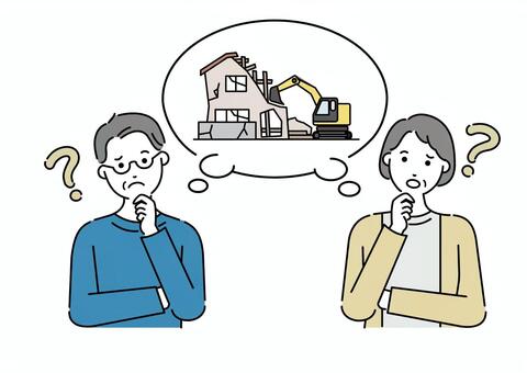 空き家解体について考える老夫婦 老夫婦,空き家,解体,工事,夫婦,老後,生活,お金,資産,固定資産のイラスト素材