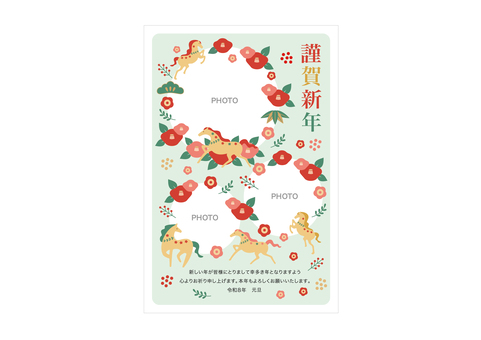 2026年午年のフォトフレームの年賀状 お正月,正月,午年,年賀状,年賀はがき,写真,フォトフレーム,テンプレート,馬,干支のイラスト素材