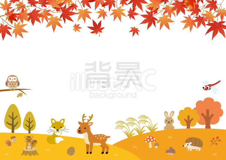紅葉とかわいい動物の背景06 秋,動物,紅葉のイラスト素材
