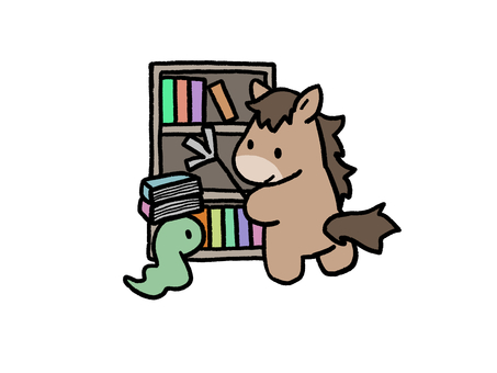 掃除する馬とヘビ 馬,へび,本棚,本,掃除,ハタキ,片付け,干支,2026年,午年のイラスト素材