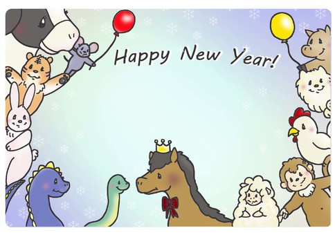 ２０２６年　年賀状用かわいい動物イラスト 年賀状,２０２６年,午年,馬,干支,十二支,年賀状用イラスト,年賀状用素材,カラフル,ポップのイラスト素材
