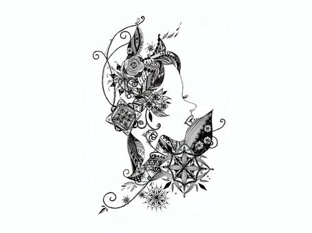 花模様と女性の横顔 花模様,植物模様,模様,女性,女性の横顔,線画,おしゃれ,人物,シンプルのイラスト素材